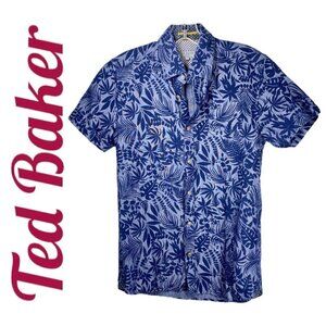 TED BAKER LONDON Linen Tropical Floral Short Sleeve Button Up Shirt Blue, Size 1